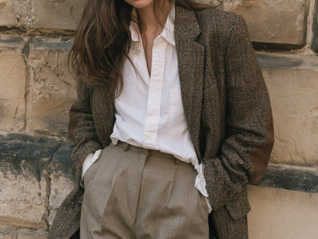 Person in brown tweed blazer with elbow patches, white button-down and high-waisted pleated trousers, street style
