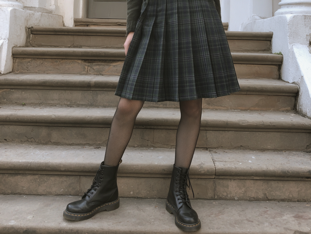 Street style: person in black lace-up combat boots, fishnet tights, and green plaid skirt on stone steps.