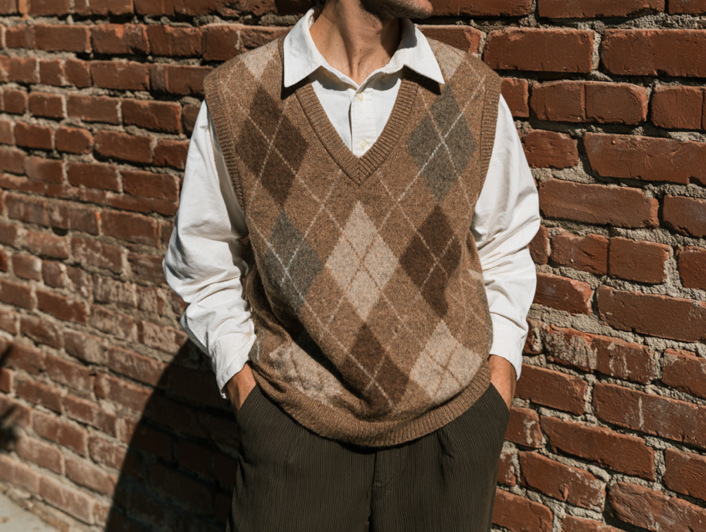 Man wearing brown argyle sweater vest over white shirt, hands in pockets, standing by brick wall, vintage men's street style.