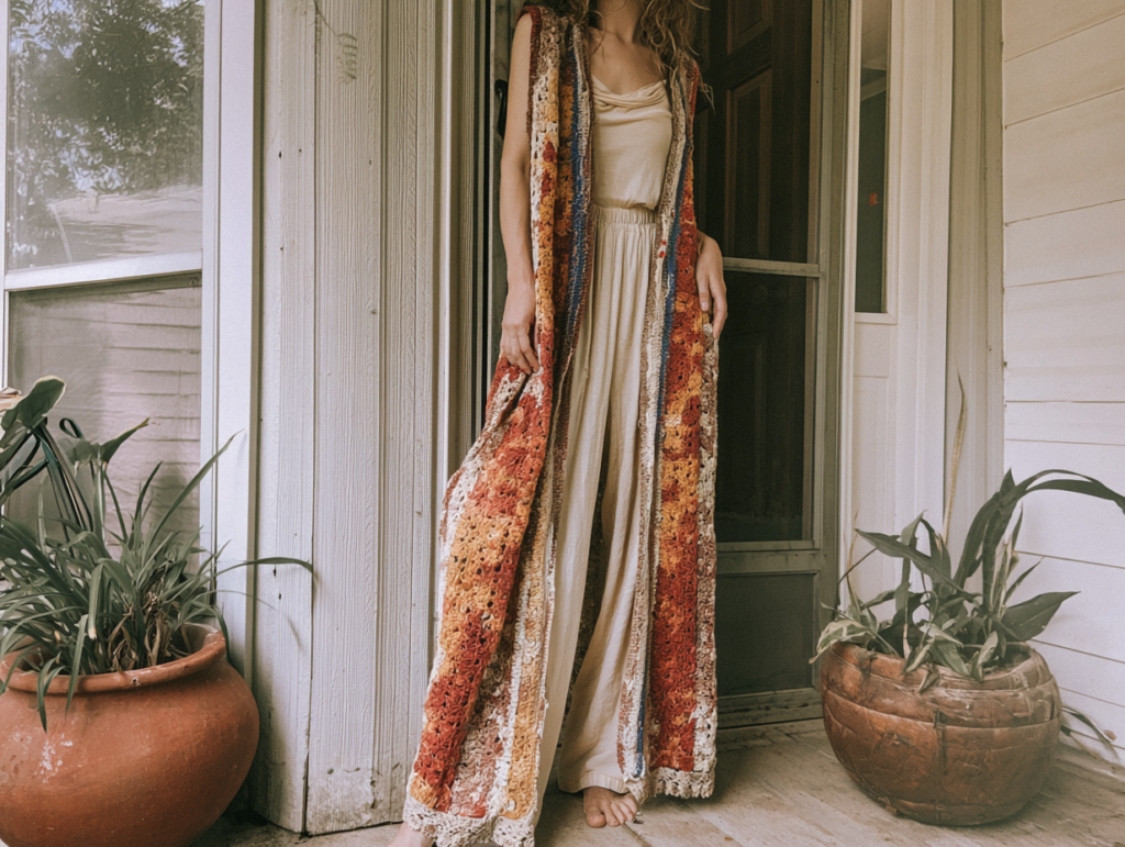 Boho crochet duster over cream tank and flowy pants on rustic porch with potted plants.