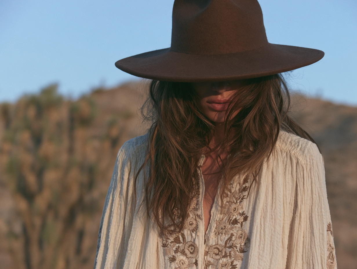 Boho desert fashion: woman in embroidered cream blouse and wide-brim felt hat at golden hour.