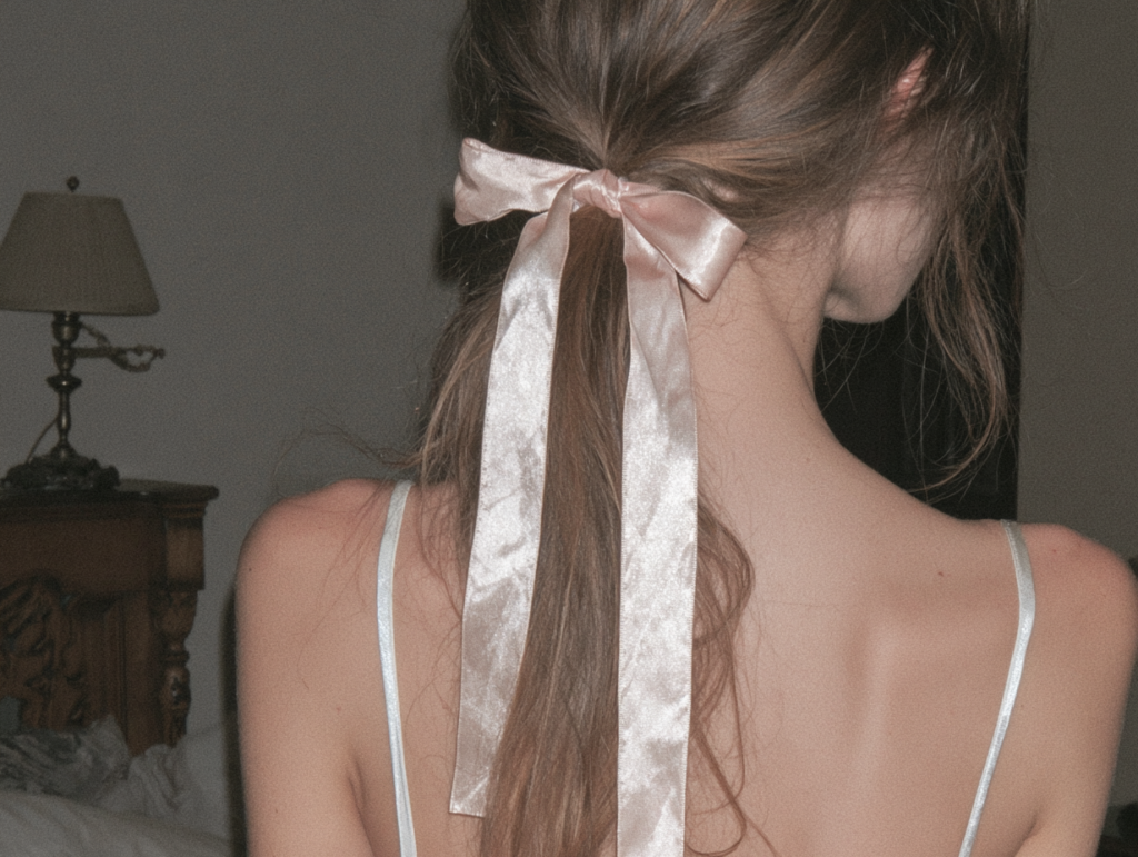 Back view of woman with long hair in ponytail tied with pink satin ribbon bow, thin straps, soft vintage bedroom lighting