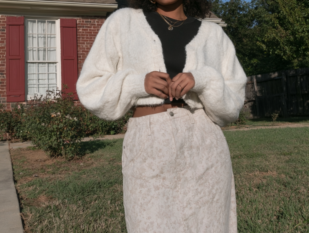 Cozy fall outfit: white fuzzy cardigan, black crop top, cream floral midi skirt, photographed in front of a brick house.