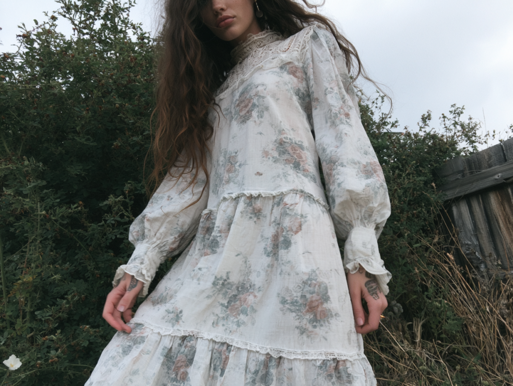 Model in tiered long-sleeve floral prairie dress with lace trim, boho cottagecore style, in rustic garden setting.