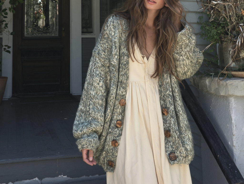Oversized chunky knit cardigan with wooden buttons over cream maxi dress, cozy fall porch outfit.