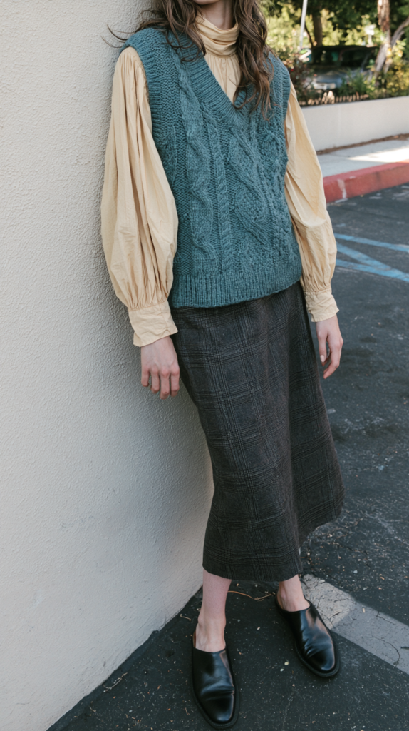 Woman in teal cable-knit sweater vest, beige blouse, plaid midi skirt and black loafers, leaning on wall outdoors.