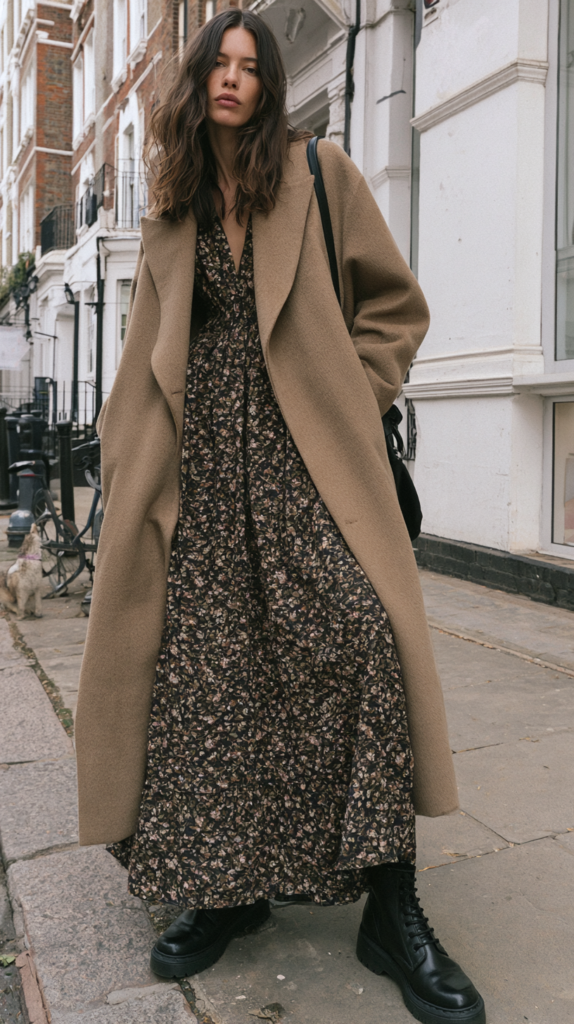 Street style fall outfit: camel coat over floral maxi dress with black combat boots on a city sidewalk.