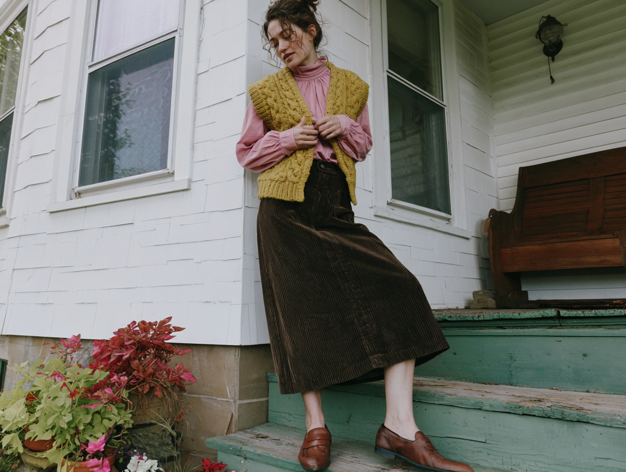 Woman in mustard knit vest, pink blouse, brown corduroy midi skirt and loafers on rustic porch steps, cottagecore outfit
