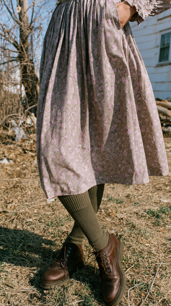 Floral midi dress with olive knee socks and brown leather boots, rustic outdoor cottagecore outfit