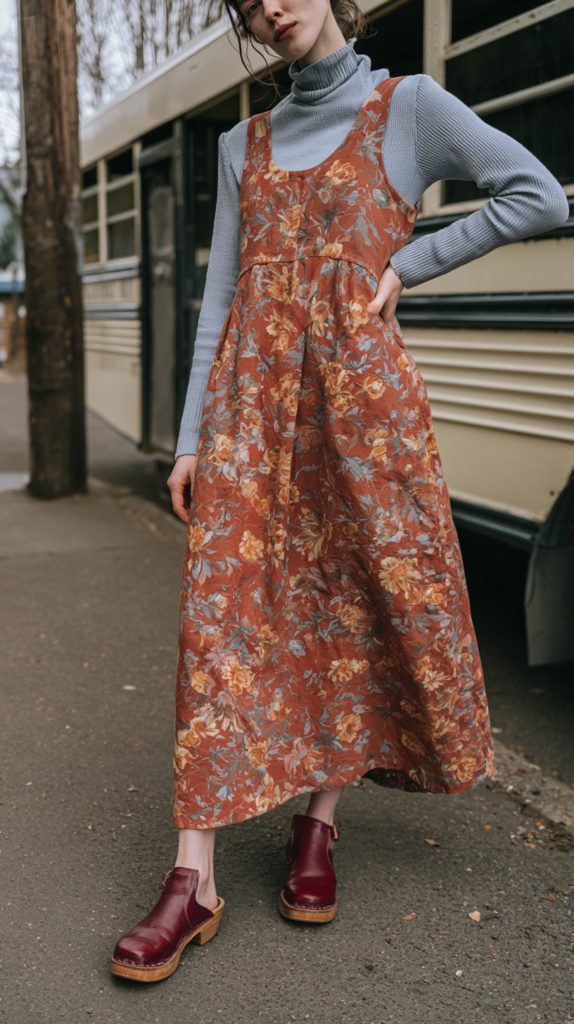 Woman wearing rust floral pinafore maxi dress over gray turtleneck with burgundy clogs, vintage street style fall fashion