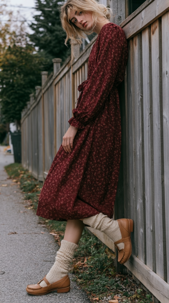 Autumn street style: woman in burgundy floral midi dress with tan loafers and slouchy socks leaning on wooden fence.