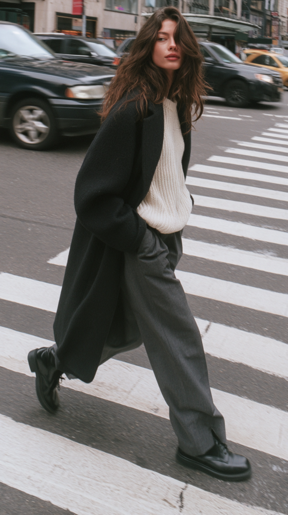 dark-academia-fall-winter-outfits Street style: woman in long black coat, white sweater, gray trousers crossing city crosswalk, fall winter fashion.
