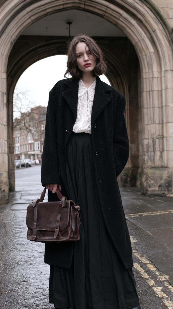 dark-academia-fall-winter-outfits-all-black Street style: woman in black wool coat and lace blouse holding brown leather satchel under stone arch on rainy city day