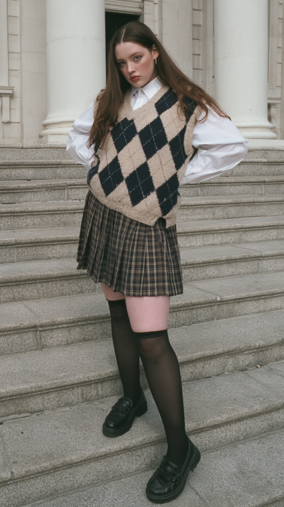 dark-academia-fall-winter-outfits-argyle-vest Preppy schoolgirl outfit with argyle sweater vest, white shirt, plaid pleated skirt, knee-high socks and loafers.