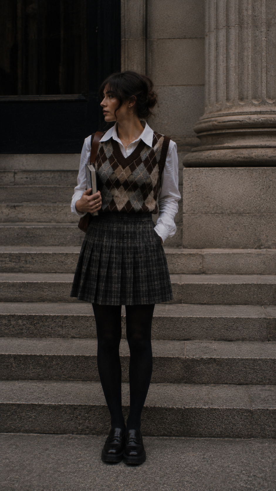 Dark academia outfit on campus steps: argyle sweater vest, white shirt, pleated plaid skirt, black tights, loafers, book.