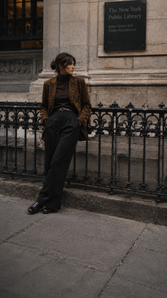 dark-academia-fall-winter-outfits-brown-blazer2 Woman in brown blazer and turtleneck leans by New York Public Library railing, chic fall NYC street style.