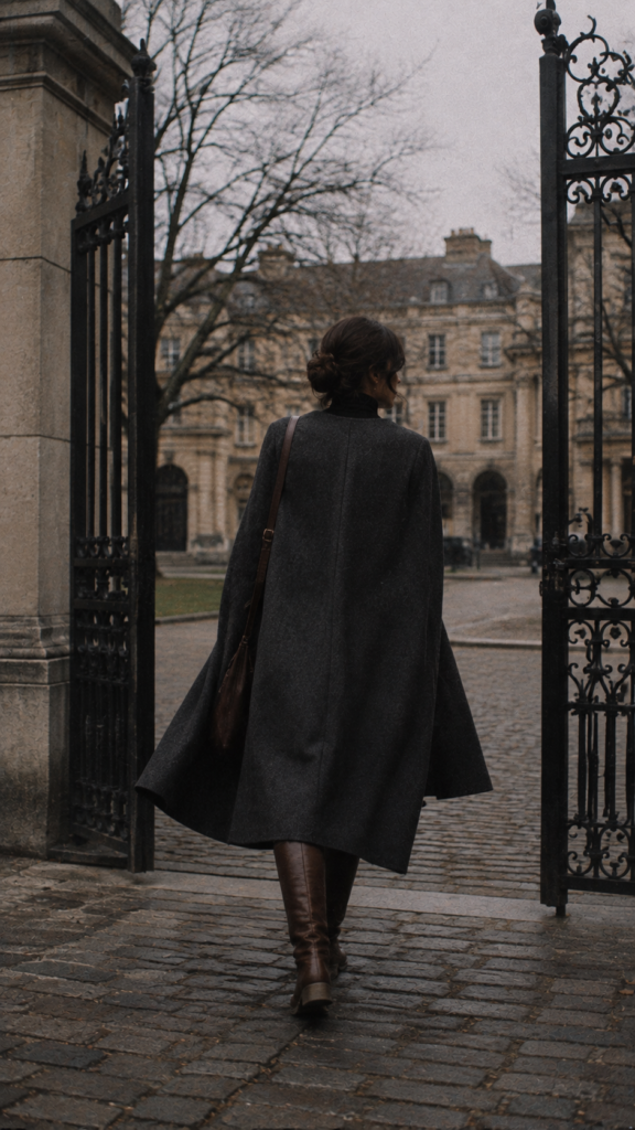 dark-academia-fall-winter-outfits-cape2 Stylish person in cape coat and knee-high boots walking through ornate wrought-iron gate into historic European courtyard