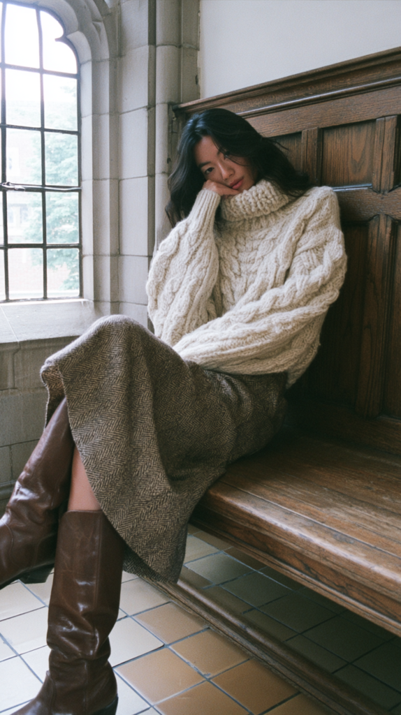 dark-academia-fall-winter-outfits-herringbone-skirt Cozy fall outfit: woman in chunky cable-knit turtleneck, tweed skirt and brown knee-high boots, seated by arched window bench