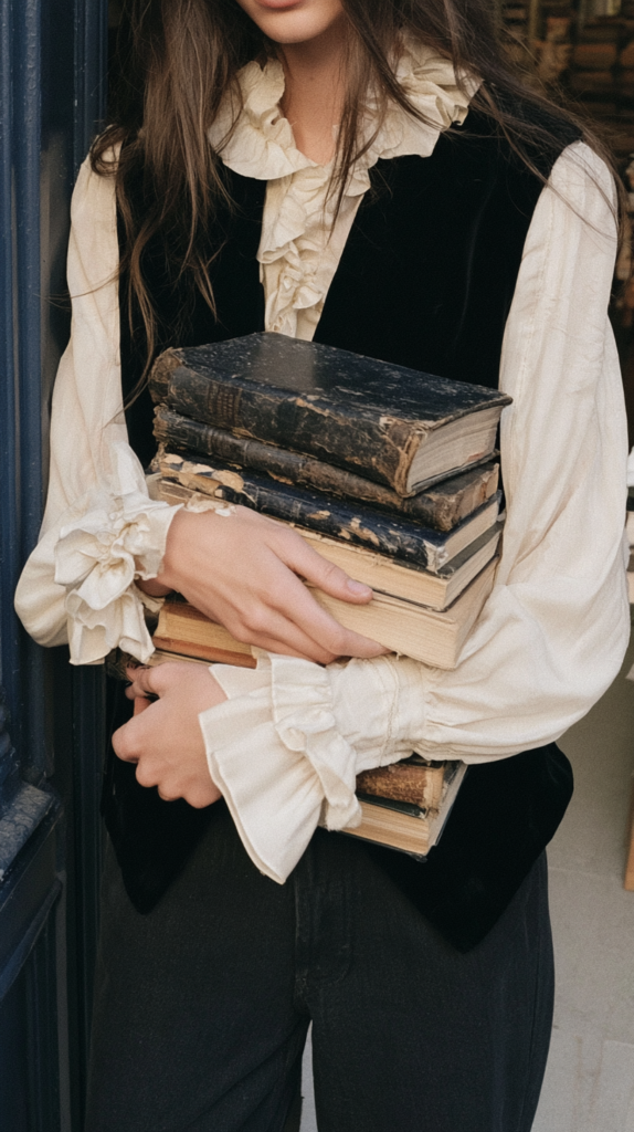 dark-academia-fall-winter-outfits-poetcore-blouse Close-up of woman in vintage ruffled blouse holding antique books at historic bookshop doorway