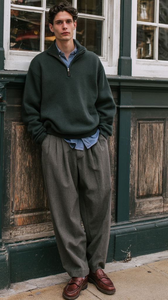 dark-academia-fall-winter-outfits-quarter-zip Men's fall street style: dark green half-zip sweater, blue shirt, gray pleated trousers, brown loafers by rustic storefront.