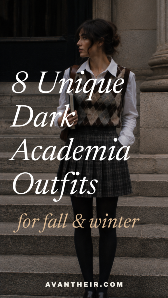 dark-academia-fall-winter-outfits2 Dark academia fall winter outfit: woman in argyle sweater vest, white shirt, plaid skirt and tights on stone steps