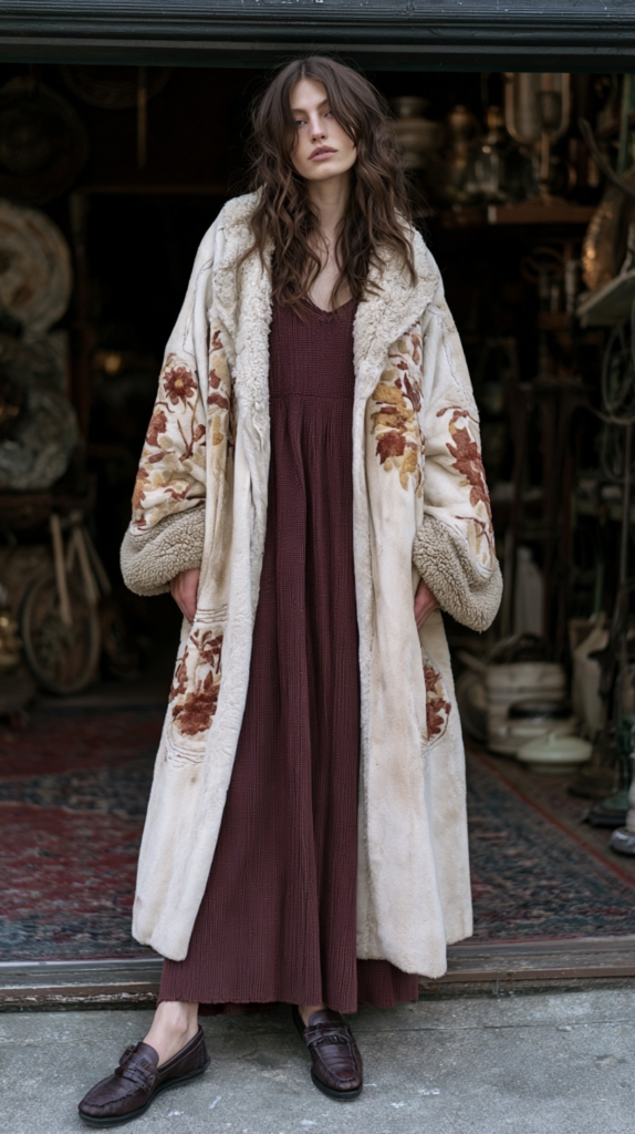 dark-boho-winter-layers-afghan-coat Vintage boho look: floral-embroidered shearling coat over burgundy maxi dress, loafers, outside an antique shop