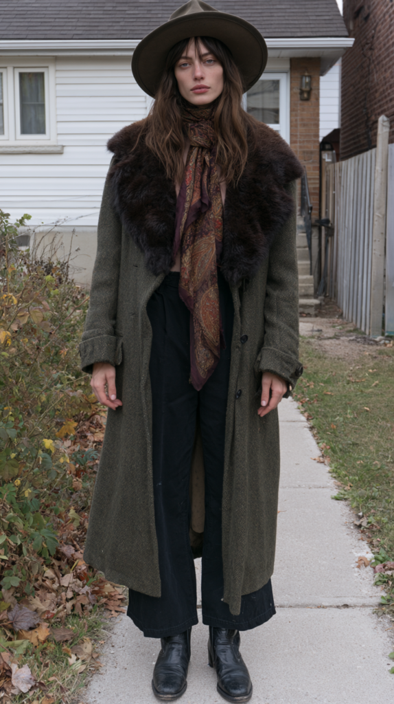 dark-boho-winter-layers-fur-coat Street style outfit: long olive coat with fur collar, paisley scarf, wide-leg pants, hat, and boots on fall sidewalk.