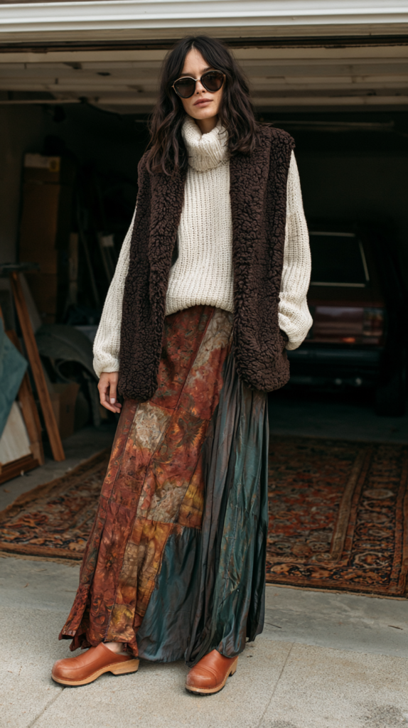 dark-boho-winter-layers-patchwork Boho fall outfit: chunky cream turtleneck, brown sherpa vest, patchwork maxi skirt, clogs, with sunglasses