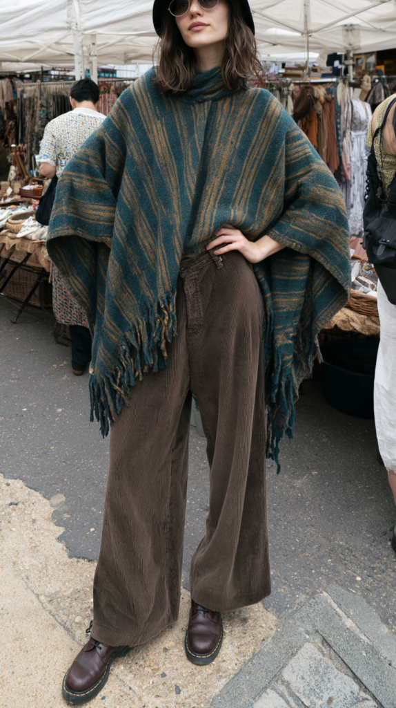 dark-boho-winter-layers-poncho Boho street style at vintage market: striped poncho, brown wide-leg corduroy trousers, bucket hat and leather boots.