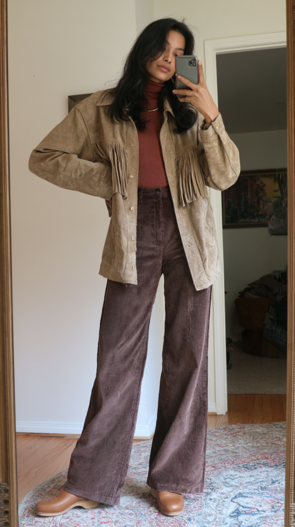 dark-boho-winter-layers-suede Mirror selfie of fall outfit: suede fringe jacket, rust turtleneck, brown corduroy wide-leg pants, tan clogs, 70s boho style.