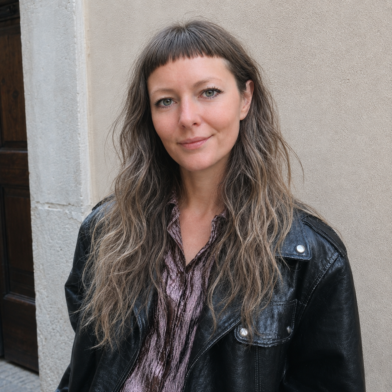 Woman with wavy hair and bangs in black leather jacket, smiling outdoors against beige wall, casual street style portrait.