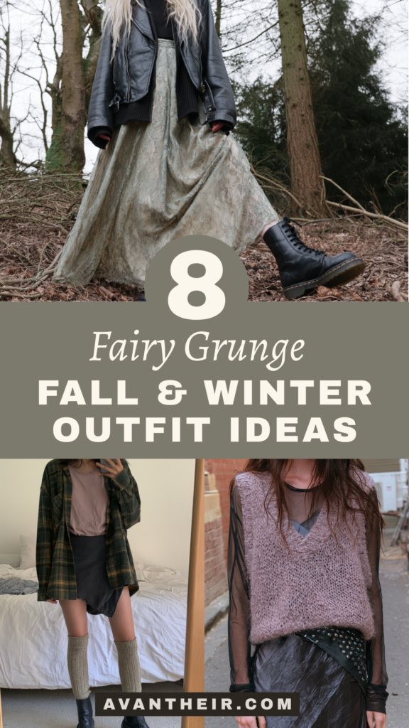 8 Fairy Grunge Fall/Winter outfit ideas: leather jacket with maxi skirt, combat boots, plaid shirt, mesh top and knit vest.