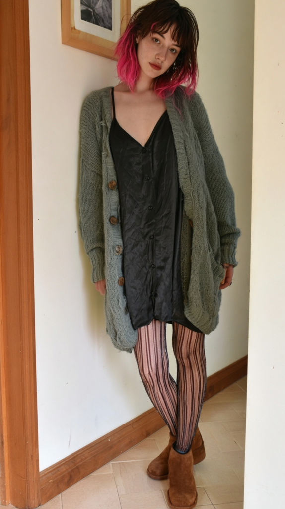 Edgy fall outfit: pink-haired model in oversized gray cardigan, black slip dress, striped tights, brown ankle boots indoors.