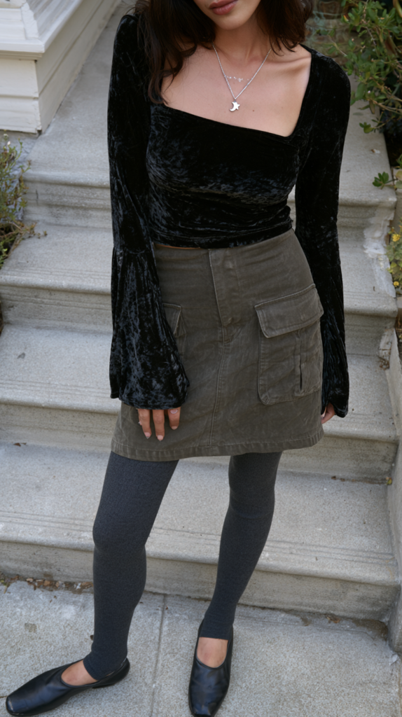 Woman in black velvet square-neck top, olive cargo mini skirt, gray tights, black flats on steps; moon necklace street style