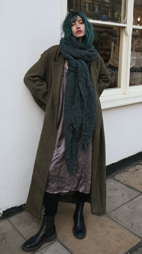Edgy street style: model in oversized olive coat, chunky knit scarf, satin slip dress and black Chelsea boots, teal hair.