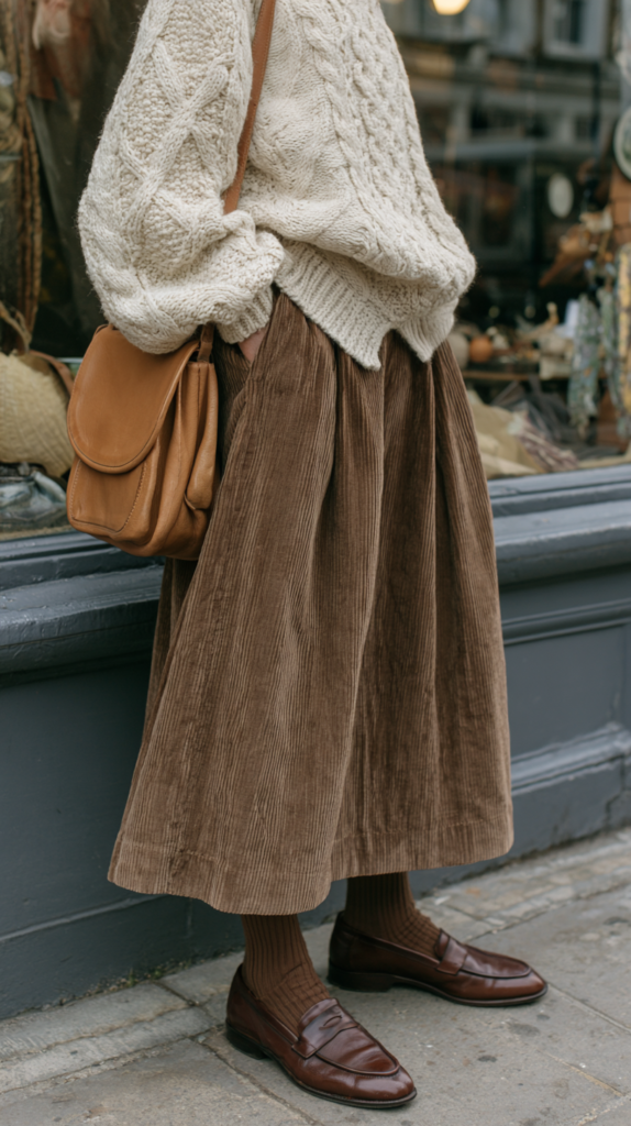 Street style fall outfit: cream cable-knit sweater, brown corduroy midi skirt, tan crossbody bag, and loafers.