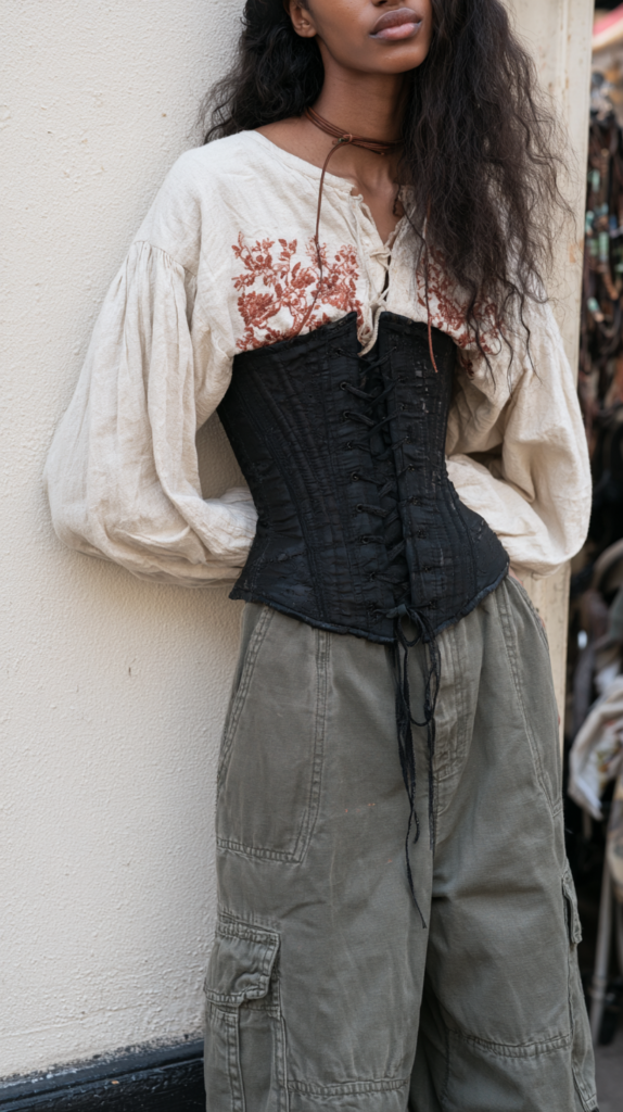 Boho street style: black lace-up corset over embroidered peasant blouse, olive cargo pants.