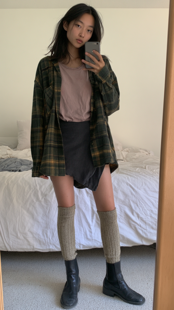 Mirror selfie: oversized plaid flannel over pink tee, black mini skirt, knit leg warmers and black ankle boots, bedroom