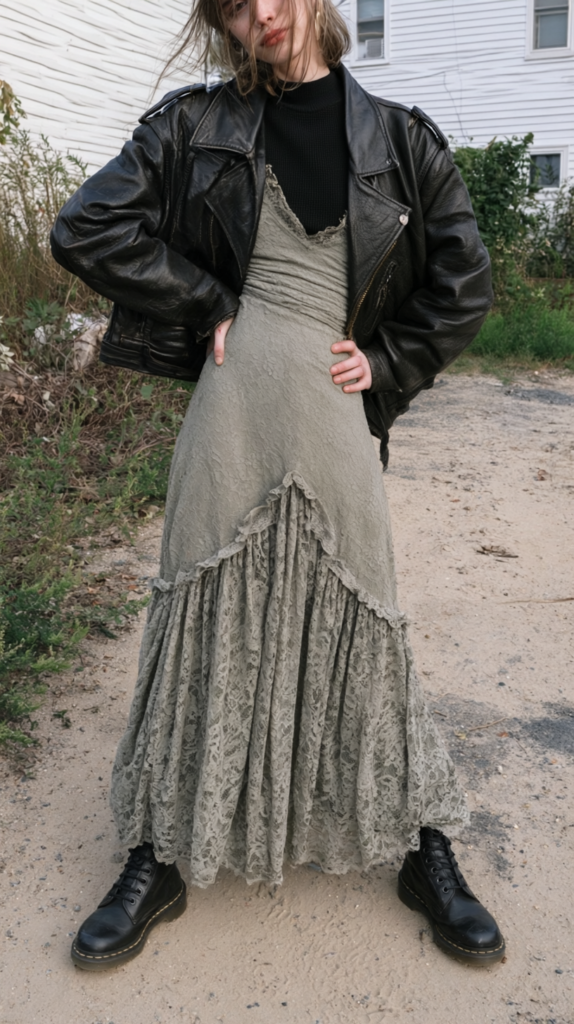 Model in oversized black moto jacket, sage lace maxi dress and combat boots, grunge street style.