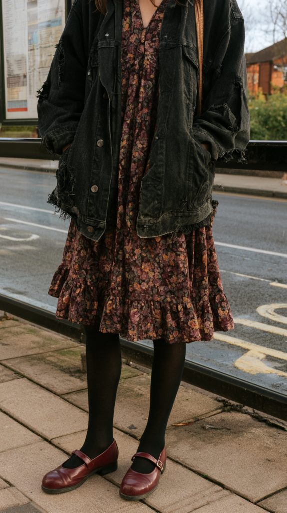 Street style: floral ruffle dress with distressed black denim jacket, black tights and burgundy Mary Janes at a bus stop.
