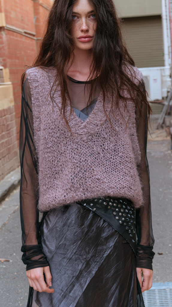 Edgy street style outfit with sheer black mesh top, mauve chunky knit vest and studded layered skirt in urban alley.
