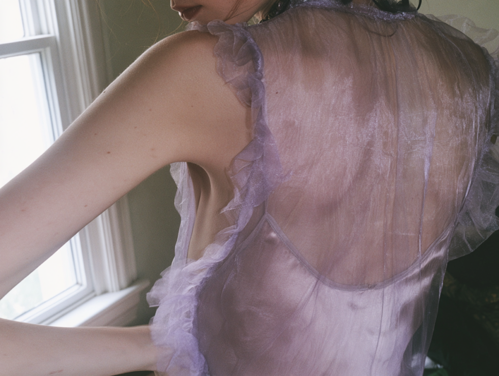 Back view of model in sheer lavender ruffle dress by window, delicate organza layers, romantic feminine fashion.
