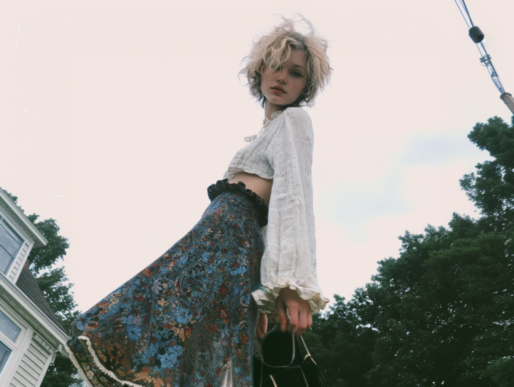 Model in boho floral maxi skirt and white bell-sleeve crop top, outdoor street style fashion, low-angle summer portrait.