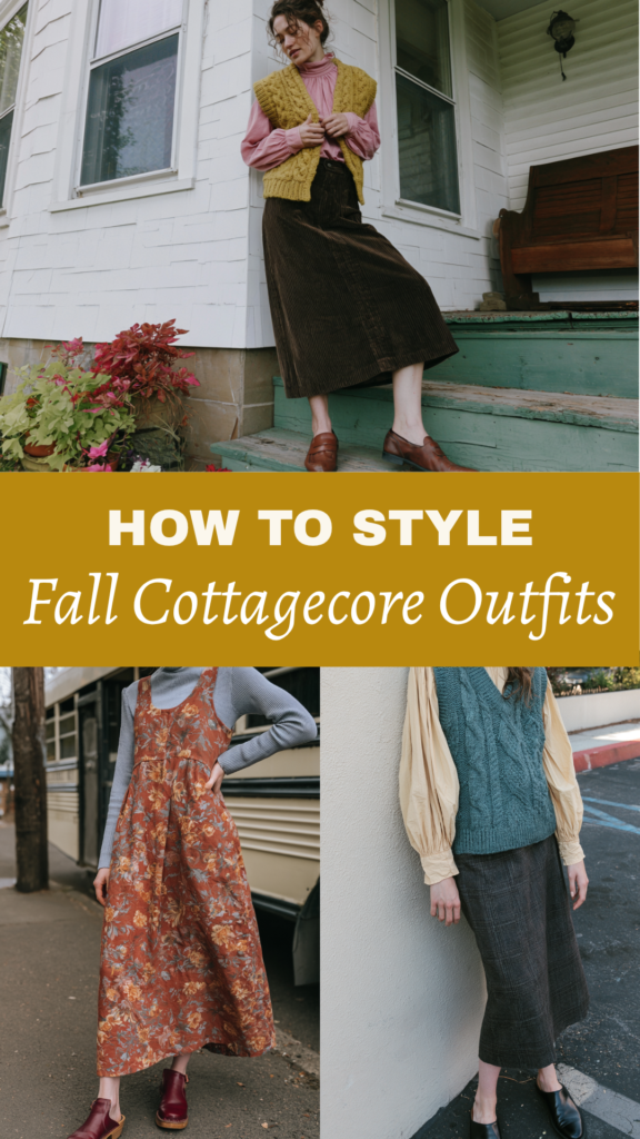 How to style fall cottagecore outfits: layered floral dress, sweater vests, corduroy midi skirts lookbook