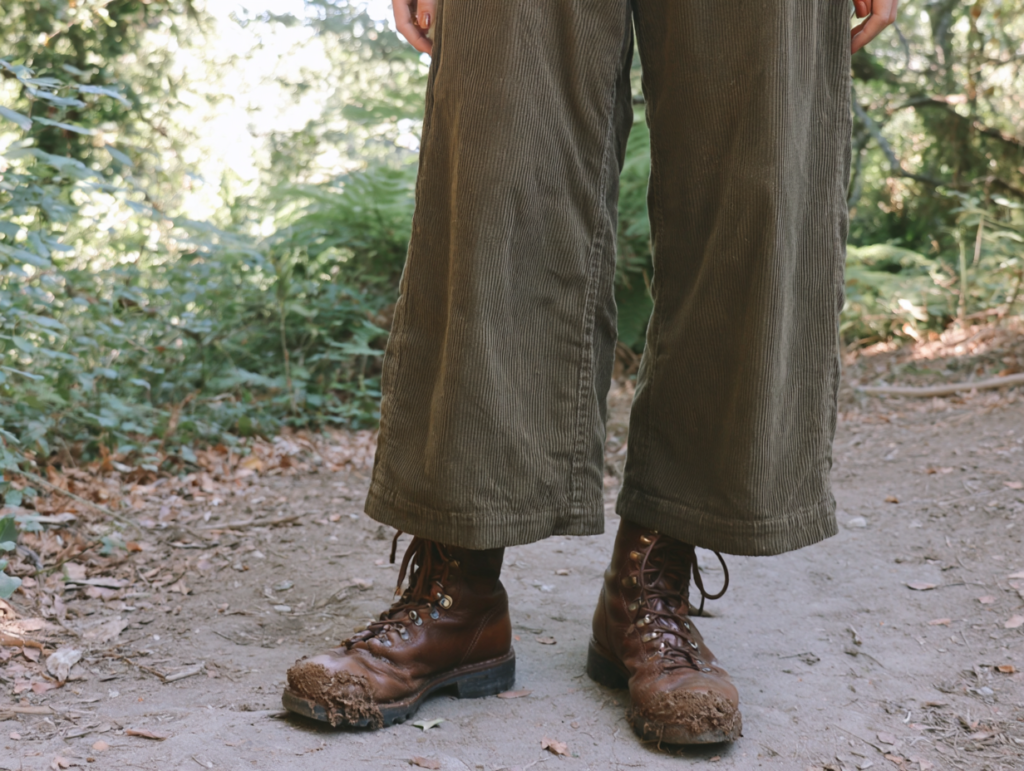 Muddy leather hiking boots on forest trail, close-up of hiker in brown corduroy pants walking through woods