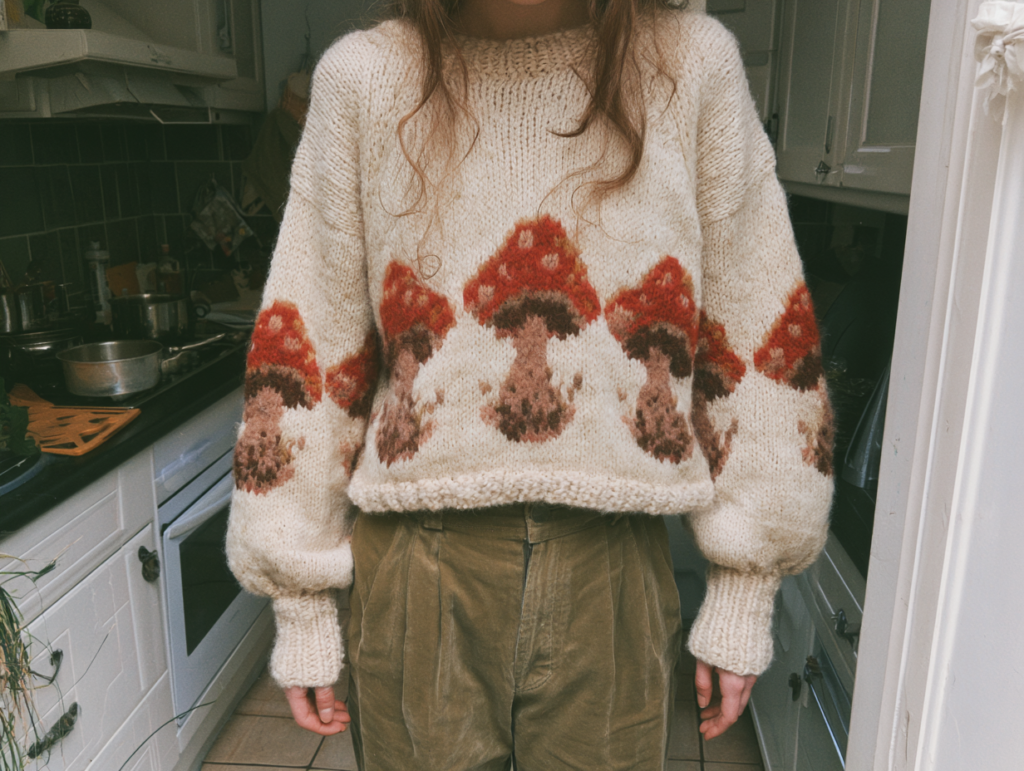 Cozy cream knit mushroom sweater with red toadstool pattern, paired with olive pants in a home kitchen.
