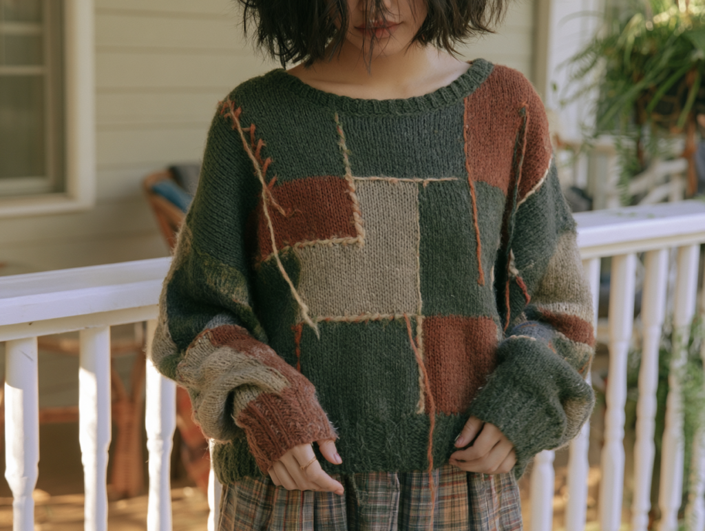 Cozy oversized patchwork knit sweater in earthy tones, modeled on a porch—handmade boho fall fashion.