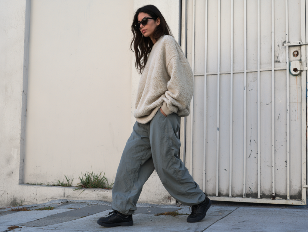 Woman in oversized sherpa fleece and gray cargo pants walking in urban street style, black sneakers and sunglasses.
