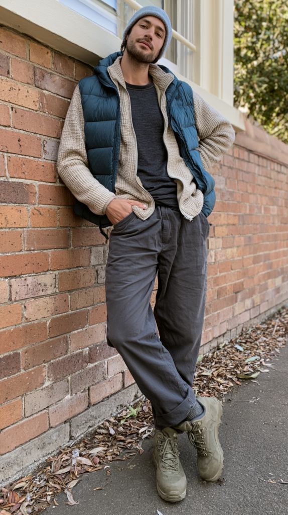 Man in casual fall streetwear leans on brick wall wearing beanie, puffer vest, fleece, gray pants, tan hiking boots