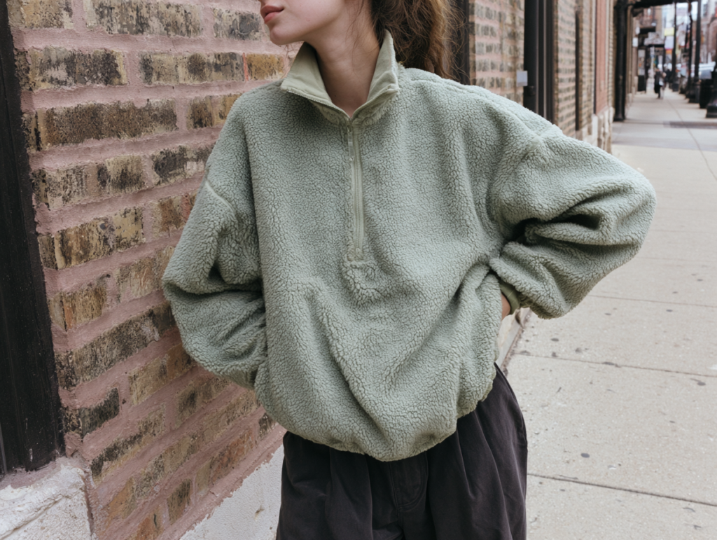 Cozy sage green sherpa quarter-zip fleece pullover, street style look with hands in pockets by brick wall
